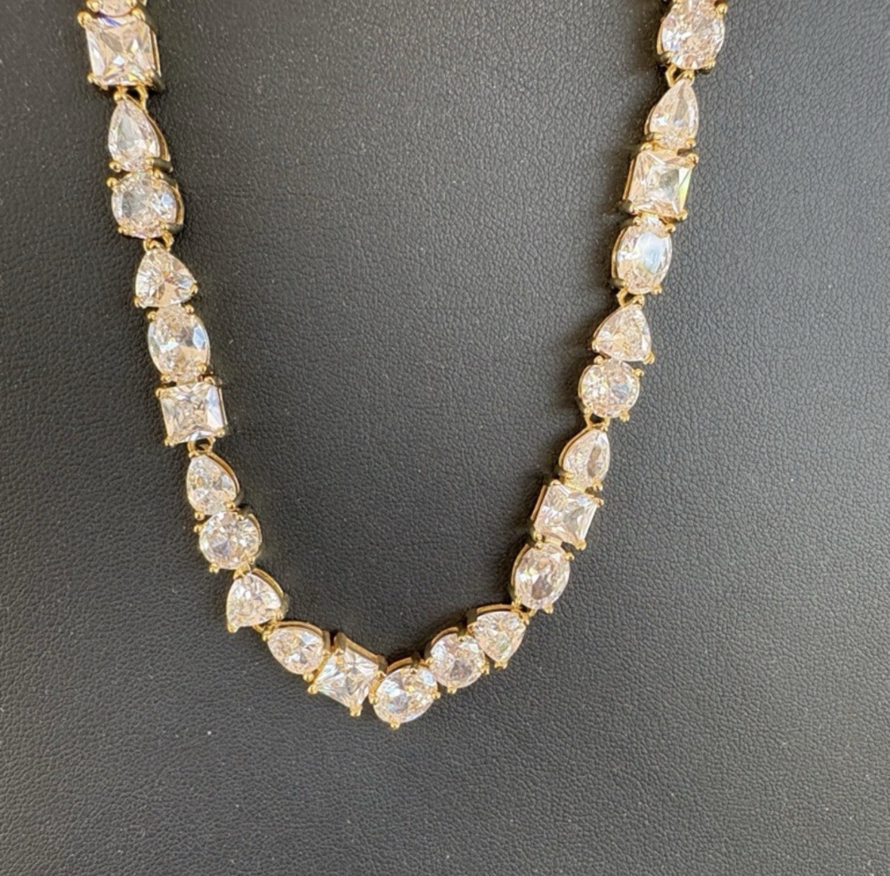 Gold Tone Cubic Zirconia Tennis Necklace Prong Set Lobster Clasp Signed