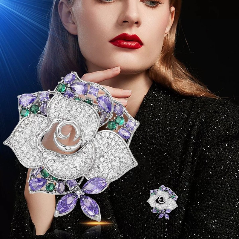 Women Crystal Rhinestone Rose Flower Brooch Pin Elegant Dress Suit Jewelry Gift