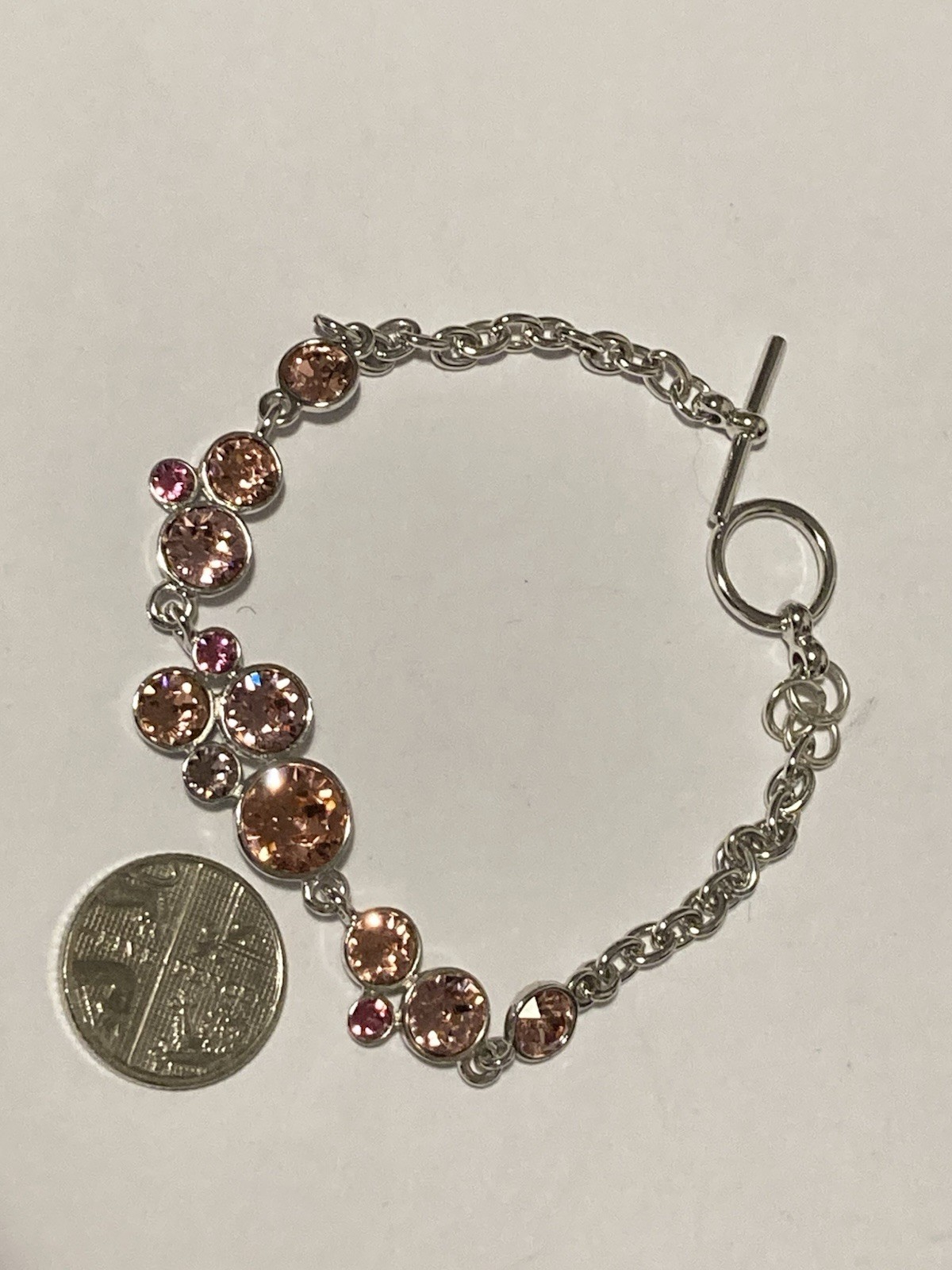 Silver Tone T Bar Bracelet Pink Sparkly (Swarovski Crystal?) Stones 7.5″ (9.69g