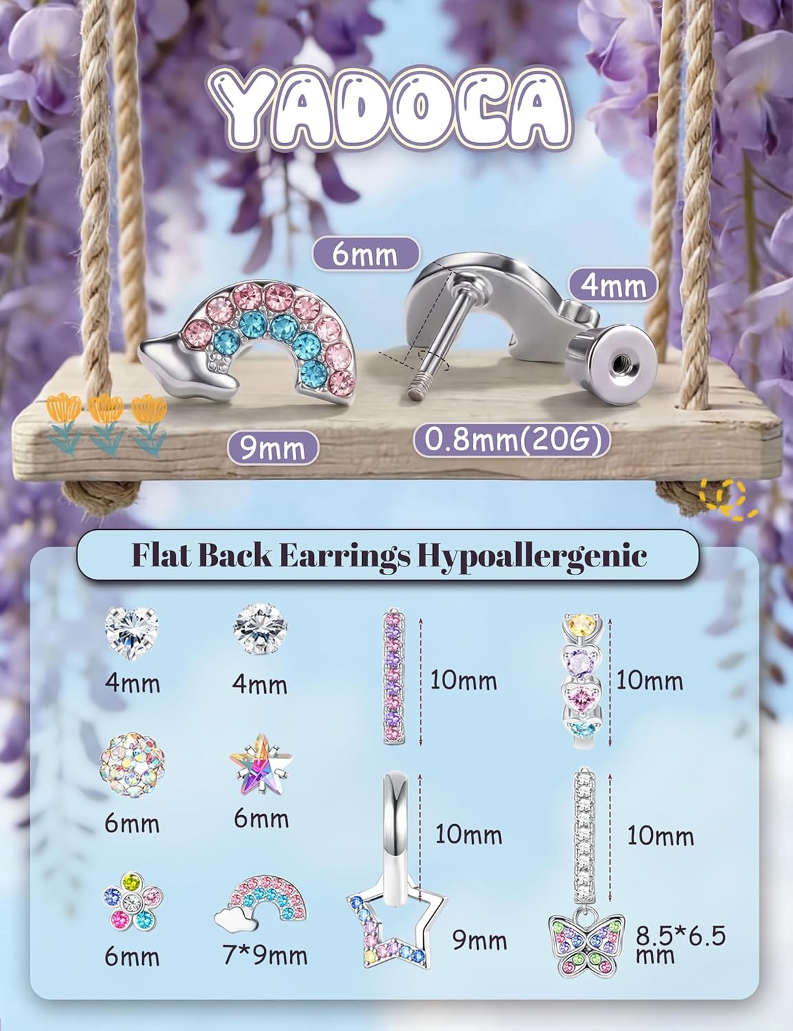 Hypoallergenic Flat Back Earrings Set Girls Kids Surgical Steel Sensitive Ears