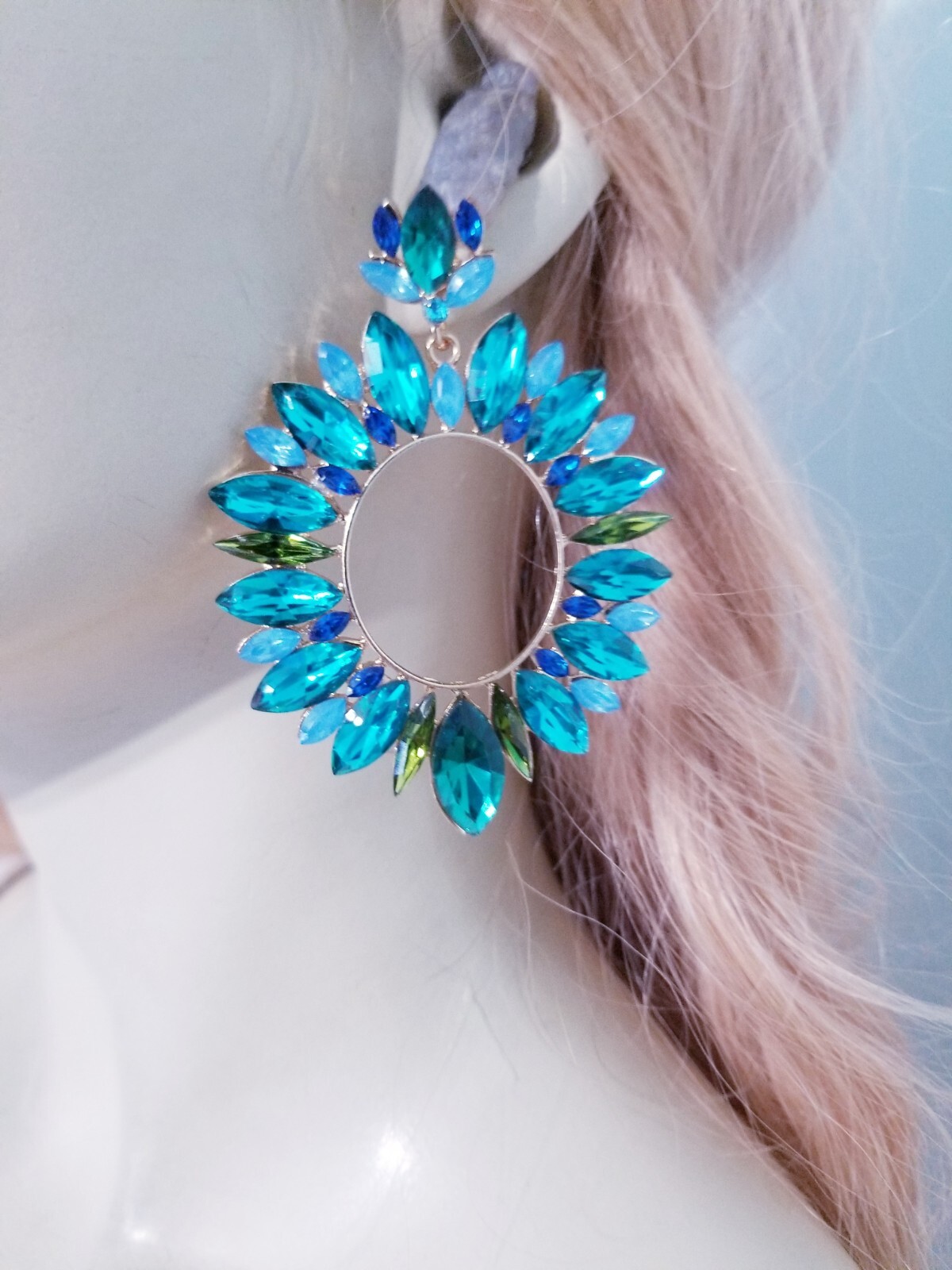 Aqua Crystal Bridesmaid Rhinestone Chandelier Drop Earrings 3.2 inch Jewelry