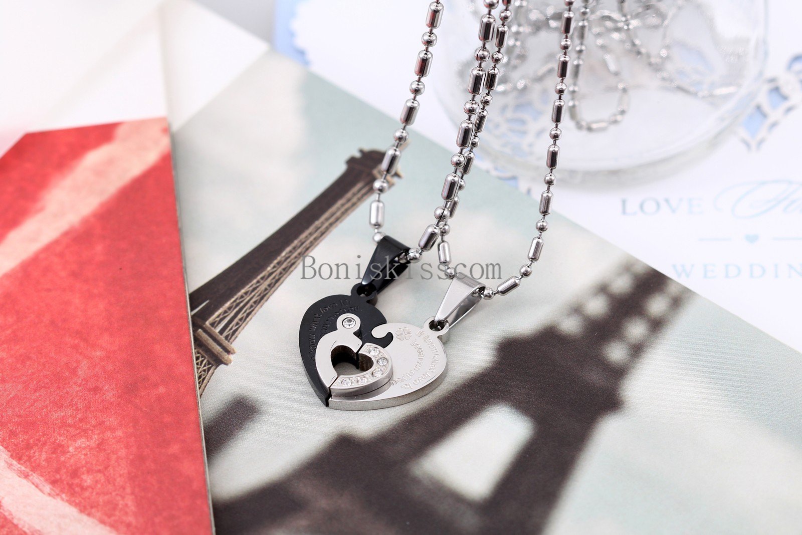 His and Hers Stainless Steel Couple Heart Love Promise Pendant Necklaces 2pcs