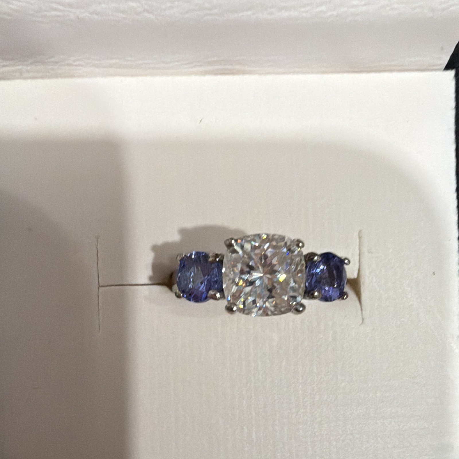 JTV 925 Sterling Silver 3-Stone Cocktail Ring Cushion Moissanite Tanzanite 6