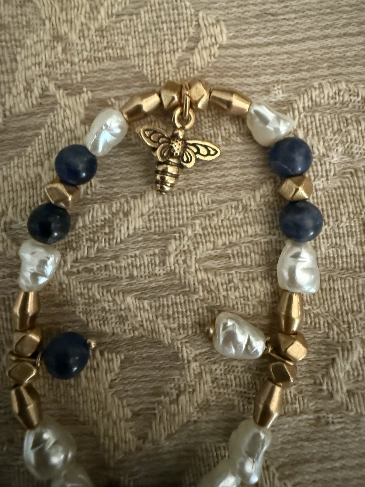 ALEX AND ANI Gold Tone Beaded Bracelet Blue White Round Beads Bee Toggle Signed
