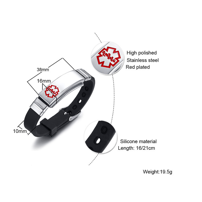 Free Engraving Medical Alert ID Women Men Kids Bracelet Black Silicone Wristband