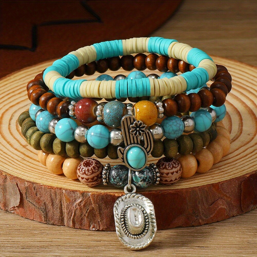 15pcs Bohemian Style Wooden Bead Bracelet Set Multi-Layer Stretch Bead Bracelet