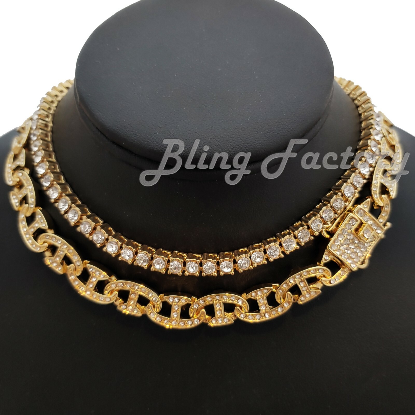 Hip Hop Gold PT Iced 18″ Mariner & 1 Row Tennis Choker Bling Chain Necklace Set