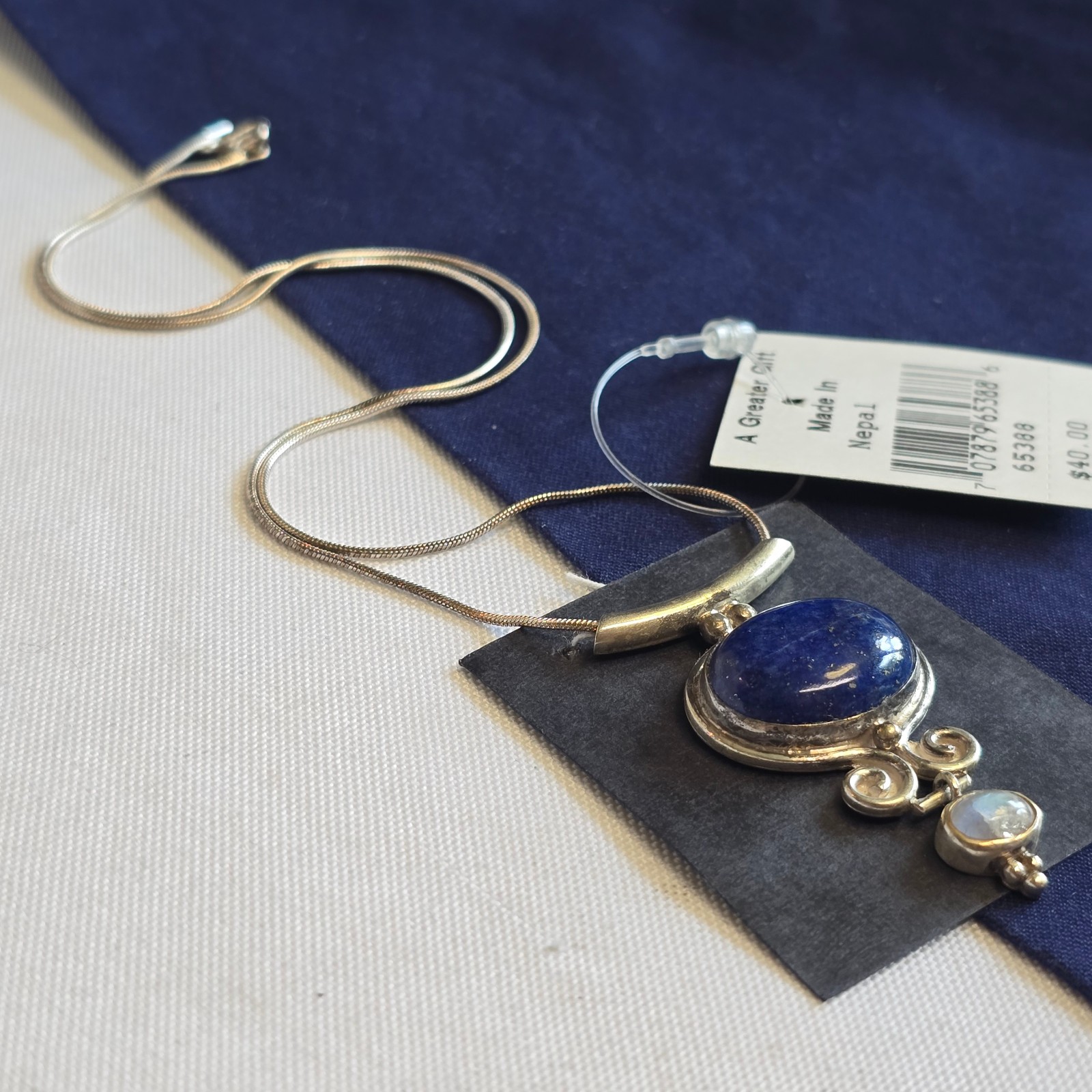 Sterling Silver SERRV Necklace 13.1g Jewelry 17.5″ Chain Lapis Look *READ*