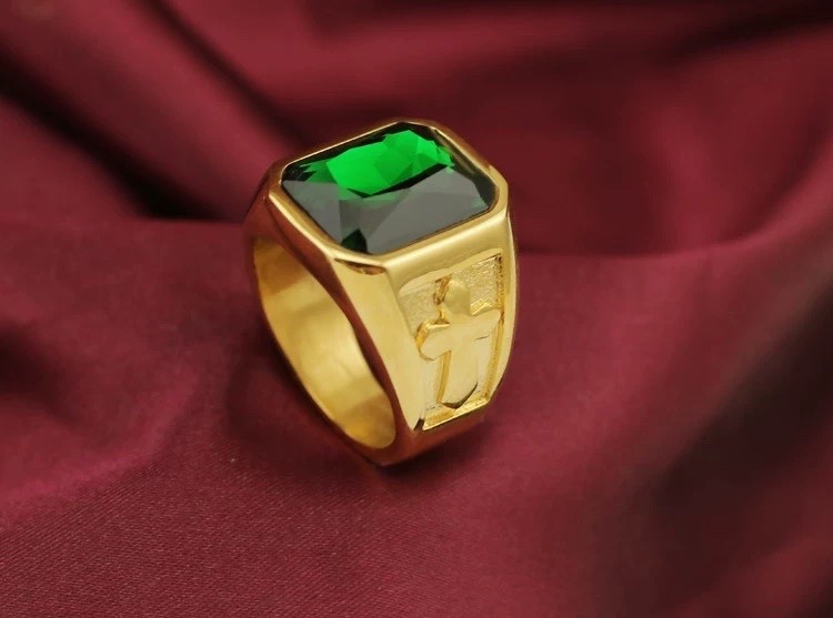 MENDEL Mens Gold Plated Christian Cross Green CZ Stone Ring For Men Size 7 8-15