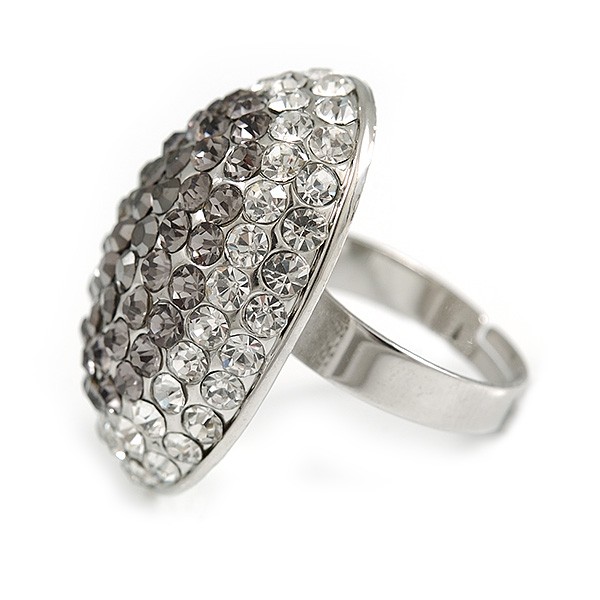 Oval Dome Shape Clear/ Grey Crystal Ring In Silver Tone Metal – 30mm Long – 7/8