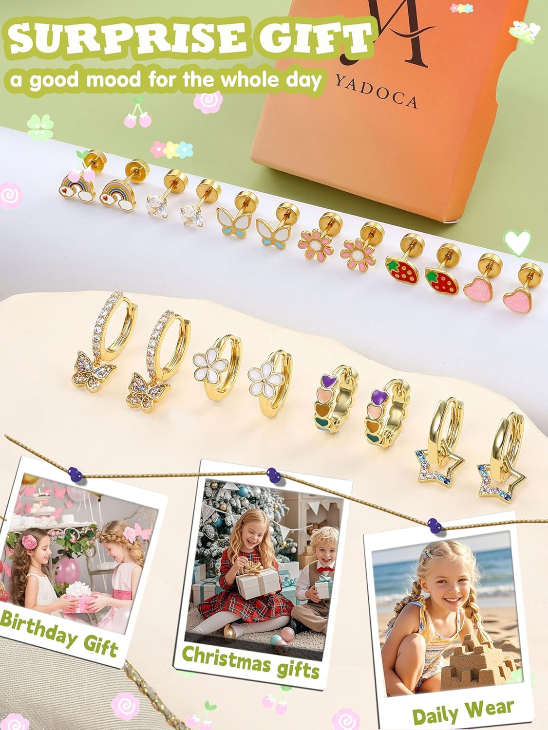 Hypoallergenic Flat Back Earrings Girls 14K Gold Surgical Steel Studs