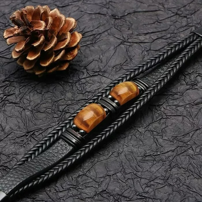 Tiger Eye Black Leather Men Bracelet Strength Crystal Stone Healing Fashion Gift