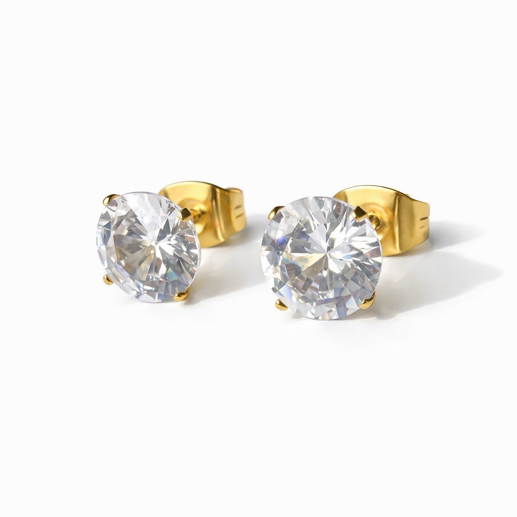 Gold Surgical Steel Round CZ Stud Earrings Solitaire 3mm-7mm⁠
