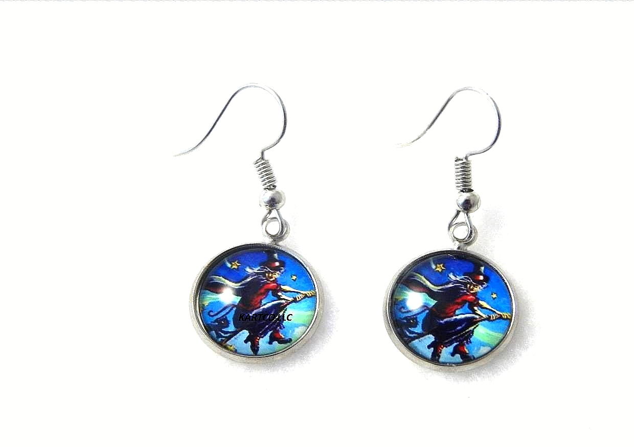 FLYING WITCH CABOCHON EARRINGS ON THEIR MAGIC BROOM. SIZE Med
