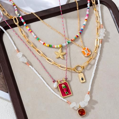 Pendant Necklace Set Bohemian Style Beaded Fish Star 5 Layered Collarbone Chain,