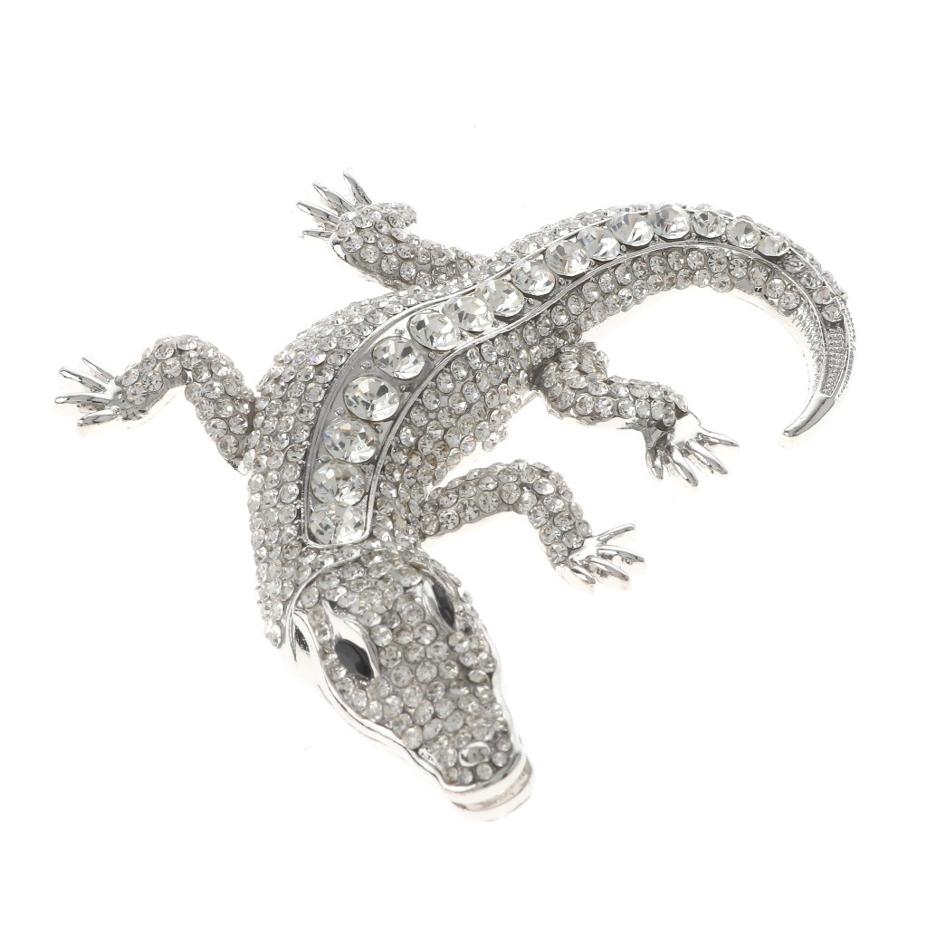 Silver Tone Alloy Metal Large Alligator Rhinestone Brooch P1626-SCL