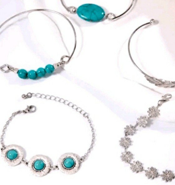 Turquoise Stone, Silver, Bangle Bracelet OR Anklet 5 Piece Set, Brand New! OSFM!