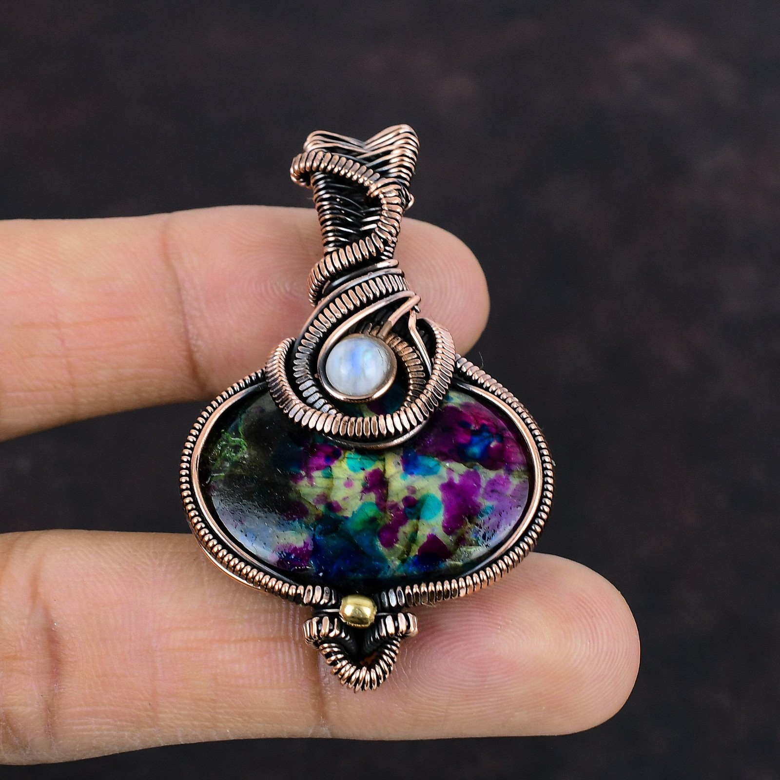 Multi Fire Labradorite Gemstone Rainbow Moonstone Wire Wrapped Pendant Copper