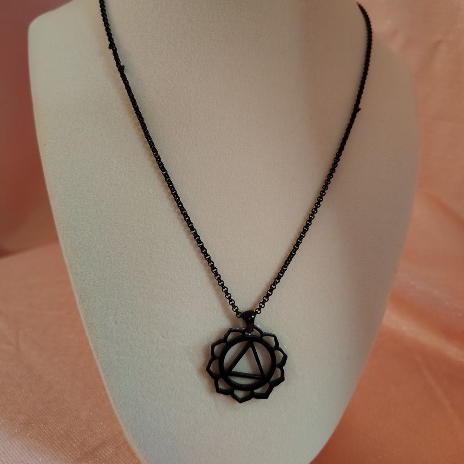 Black Geometric Stainless Steel Triangle Lotus Pendant Necklace