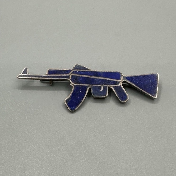 Blue Enamel Rifle Gun Shape Pin Brooch Silver Tone Metal Military 2.5in