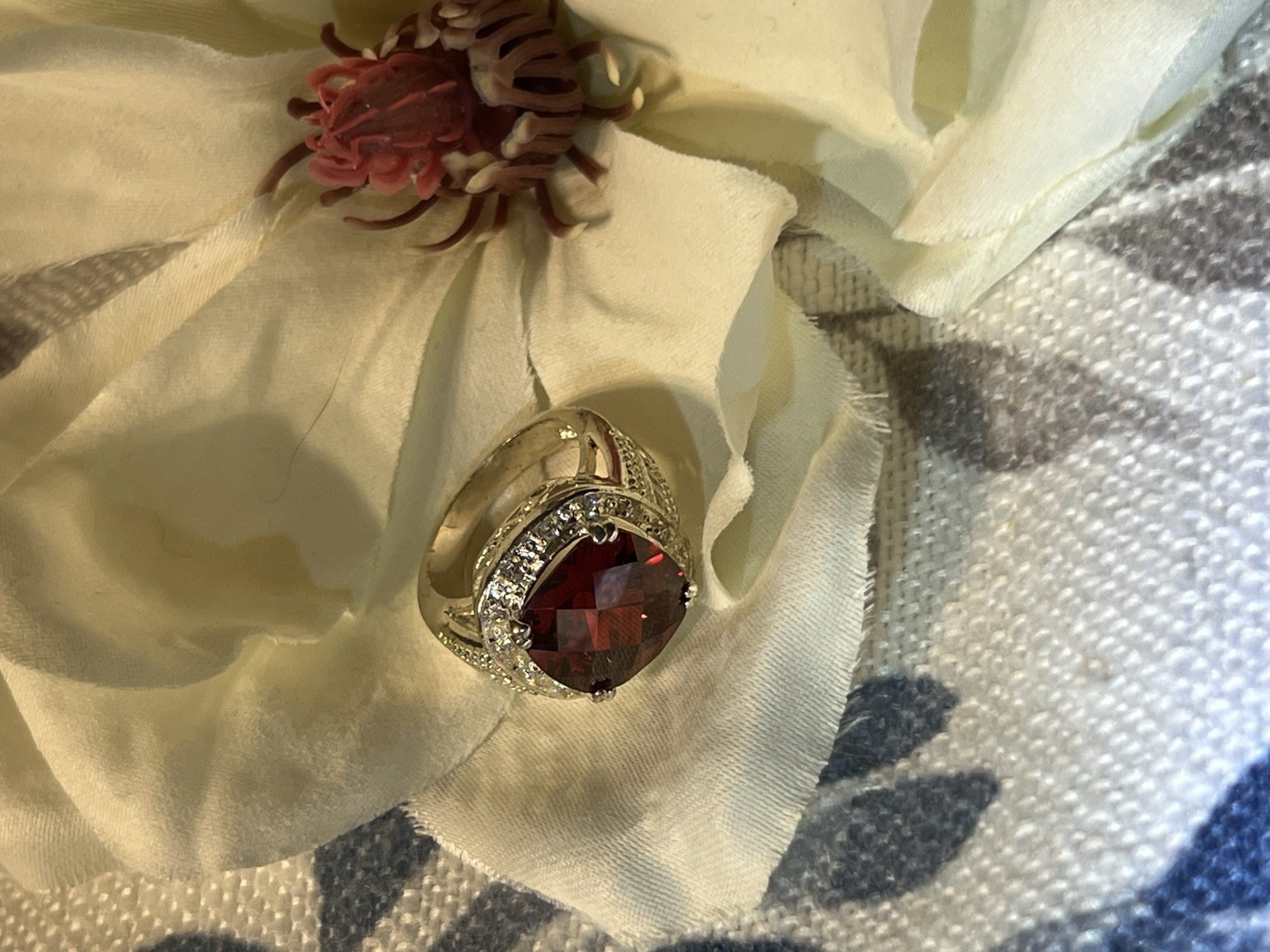 925 Sterling Silver Cocktail Ring Cushion-Cut Red Stone Prong Set Size 8.5