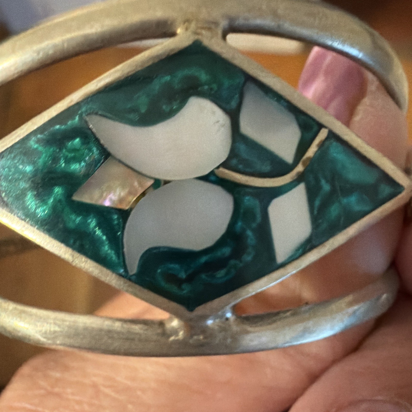 Silver-Tone Open Cuff Bracelet Green & White Inlay, Rope Chain, Stackable