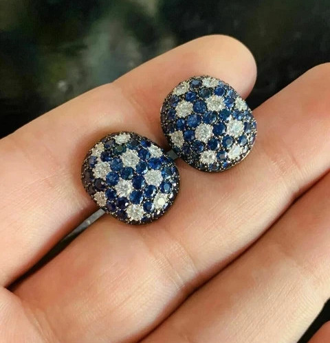 14K White Gold Finish Cluster Stud Women Earrings Round Cut Simulated Sapphire