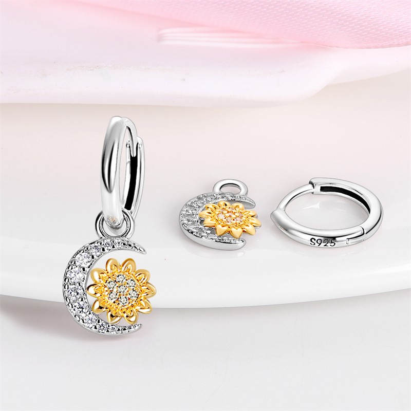 PANDACH 925 Sterling Silver Tiny Sunflower & Moon Drop Earrings For Women Hoops