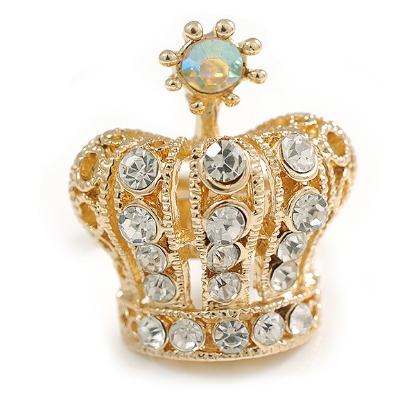 Clear Crystal Crown Cocktail Ring in Gold Tone – 30mm Tall – Size 7/8 Adjustable