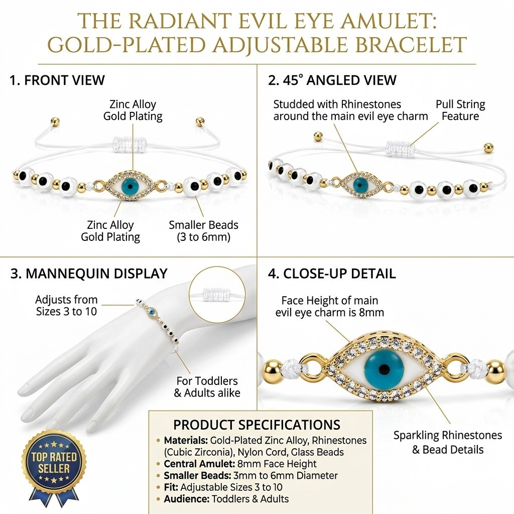 Evil Eye Protection Bracelet Kids Adults White Nazar Bead Adjustable Gold Tone