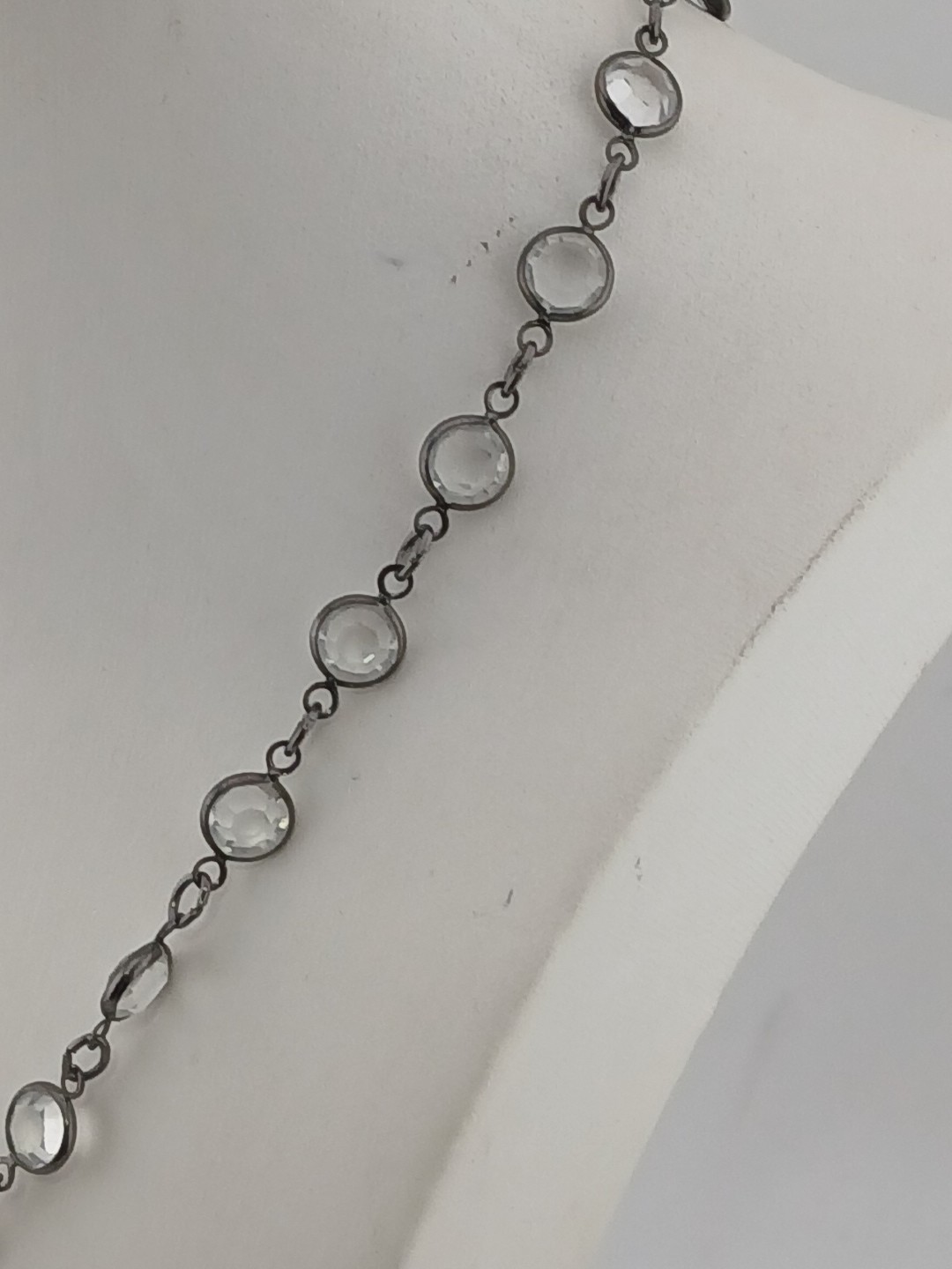 LUCY ISAACS NYC 1990 gunmetal open bezel Swarovski crystals Y Design Necklace