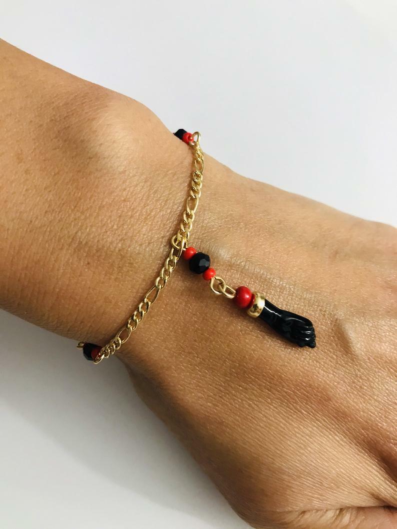 18K Gold Filled Azabache Bracelet Unisex Adult 6.75″ /Pulsera Azabache 6.75″-B46