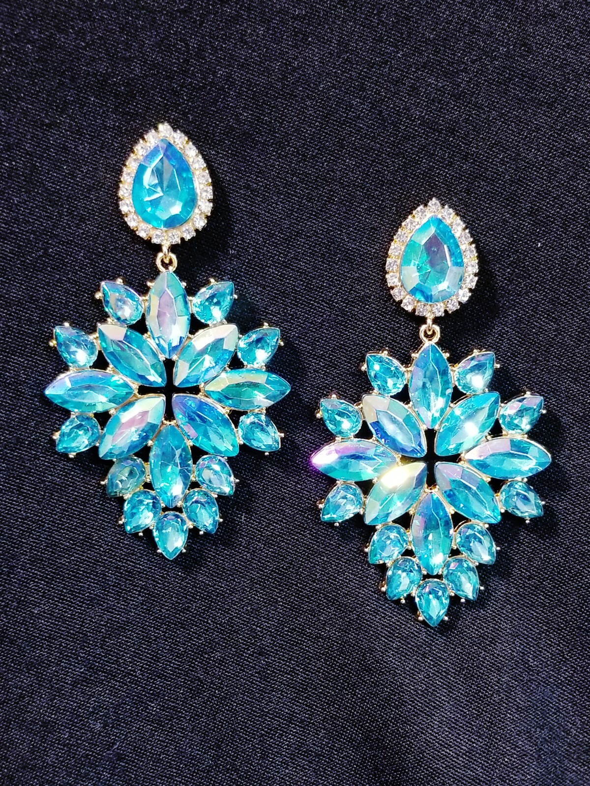 Aqua Crystal Bridesmaid Rhinestone Chandelier Drop Earrings 3.6 inch Jewelry