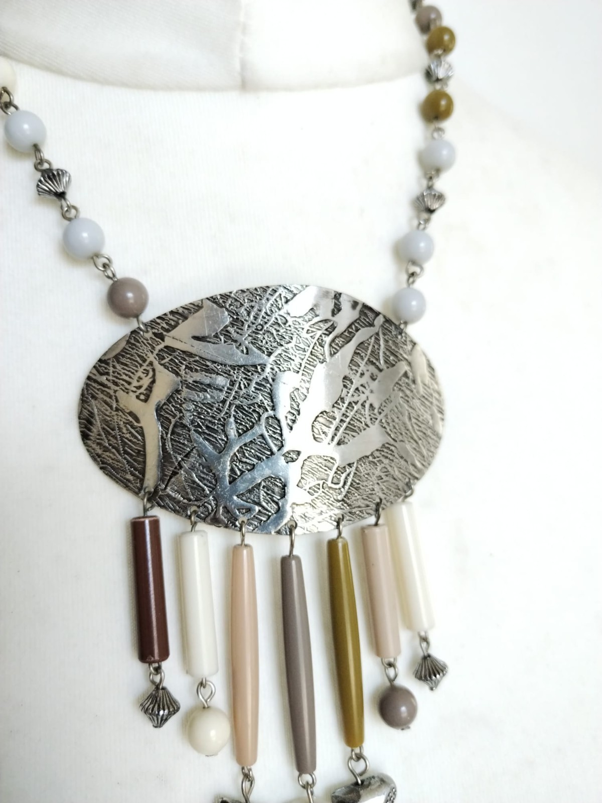 Ethnic Necklace Natural Colours ,hammered Oval Silver Toned Metal, Fringe Beads