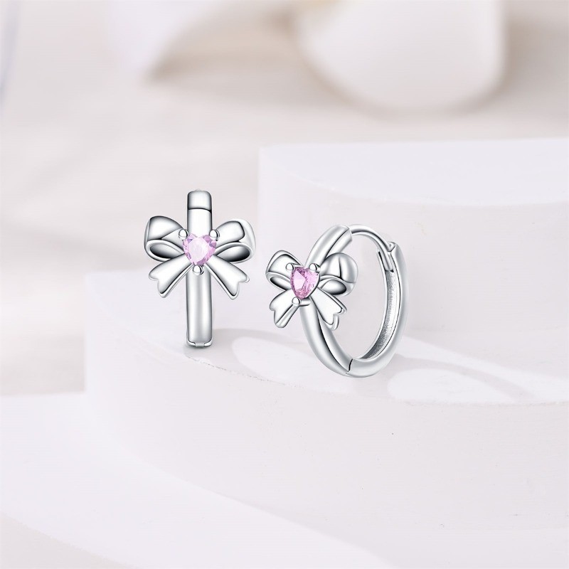 PANDACH Women Sterling Silver Girl CZ Bow Tie Huggie Hoop Earrings Birthday Gift