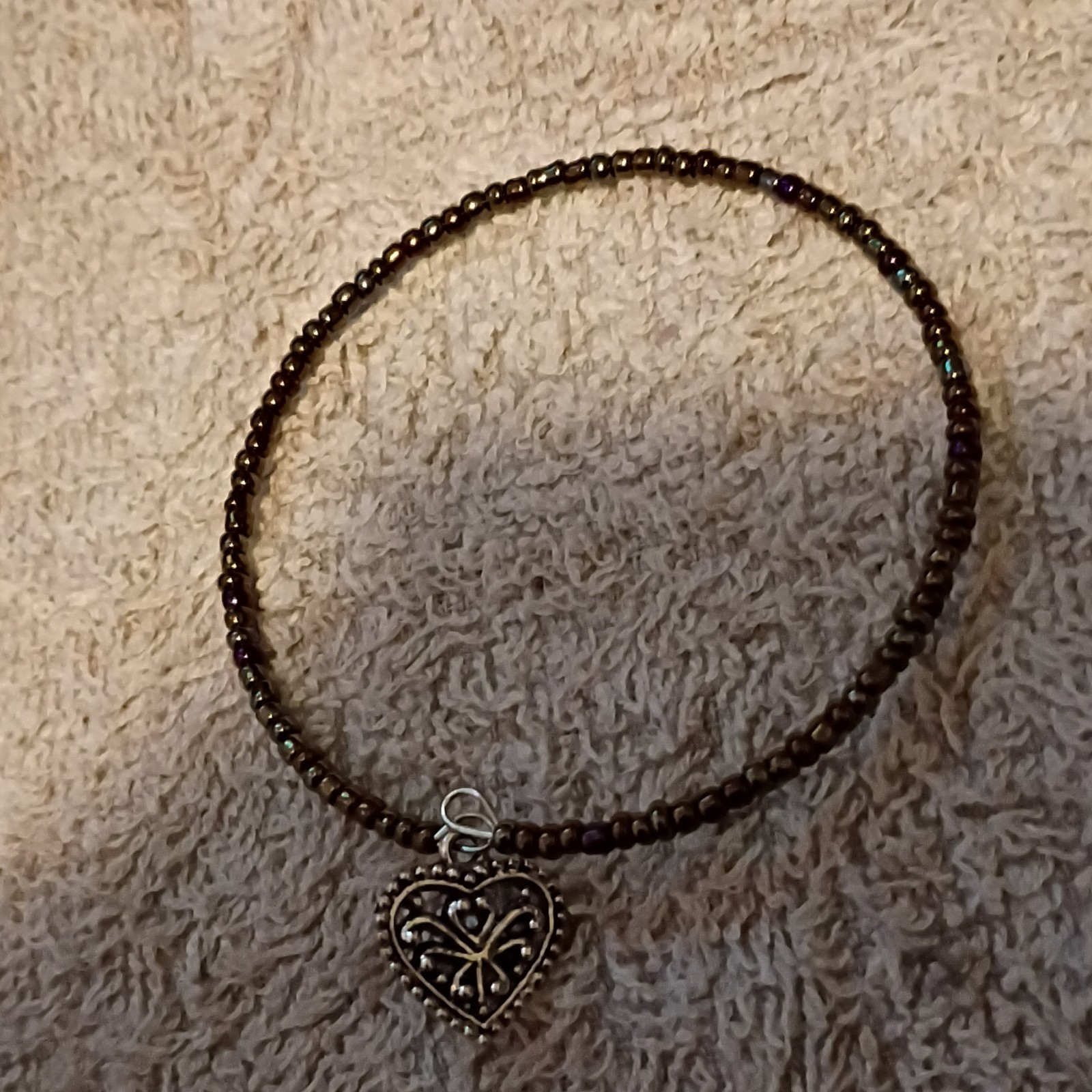 Beaded Bracelet Brown Ball/Bead Silver Tone Heart Dangle Charm Love Theme