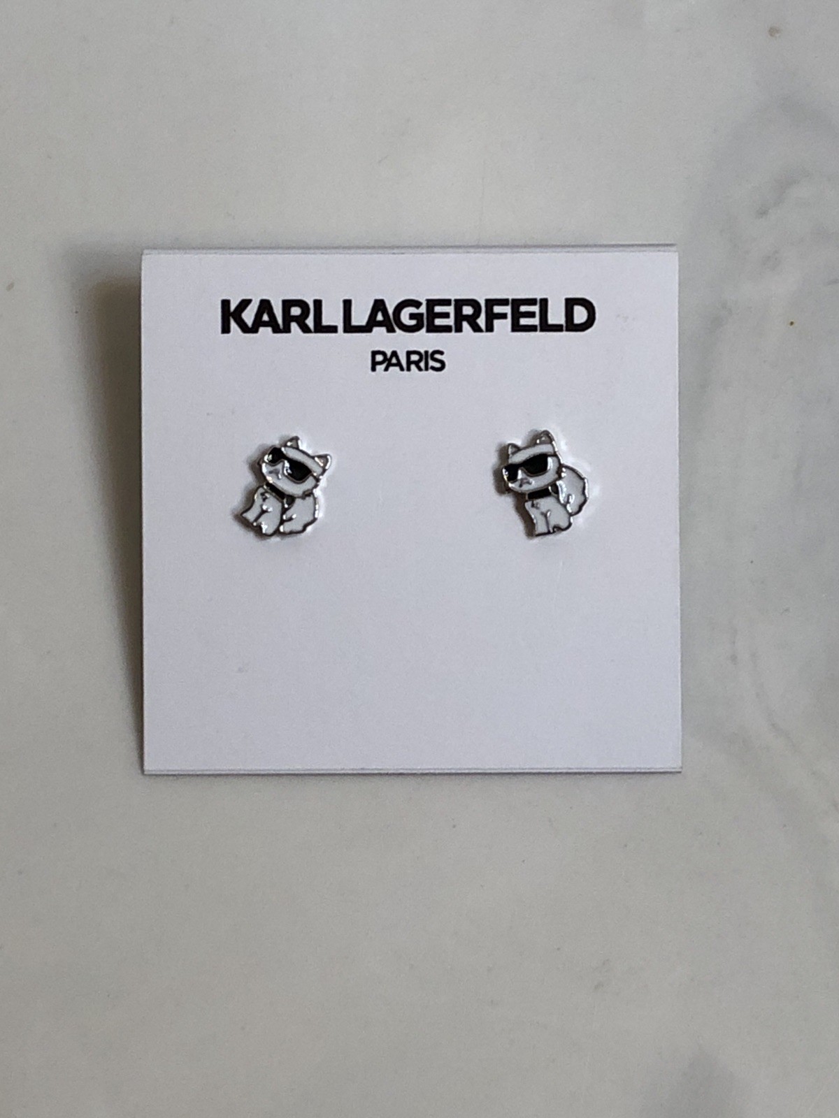 Karl Lagerfeld White & Black Enamel Mini Sitting Choupette Stud Earrings NWT