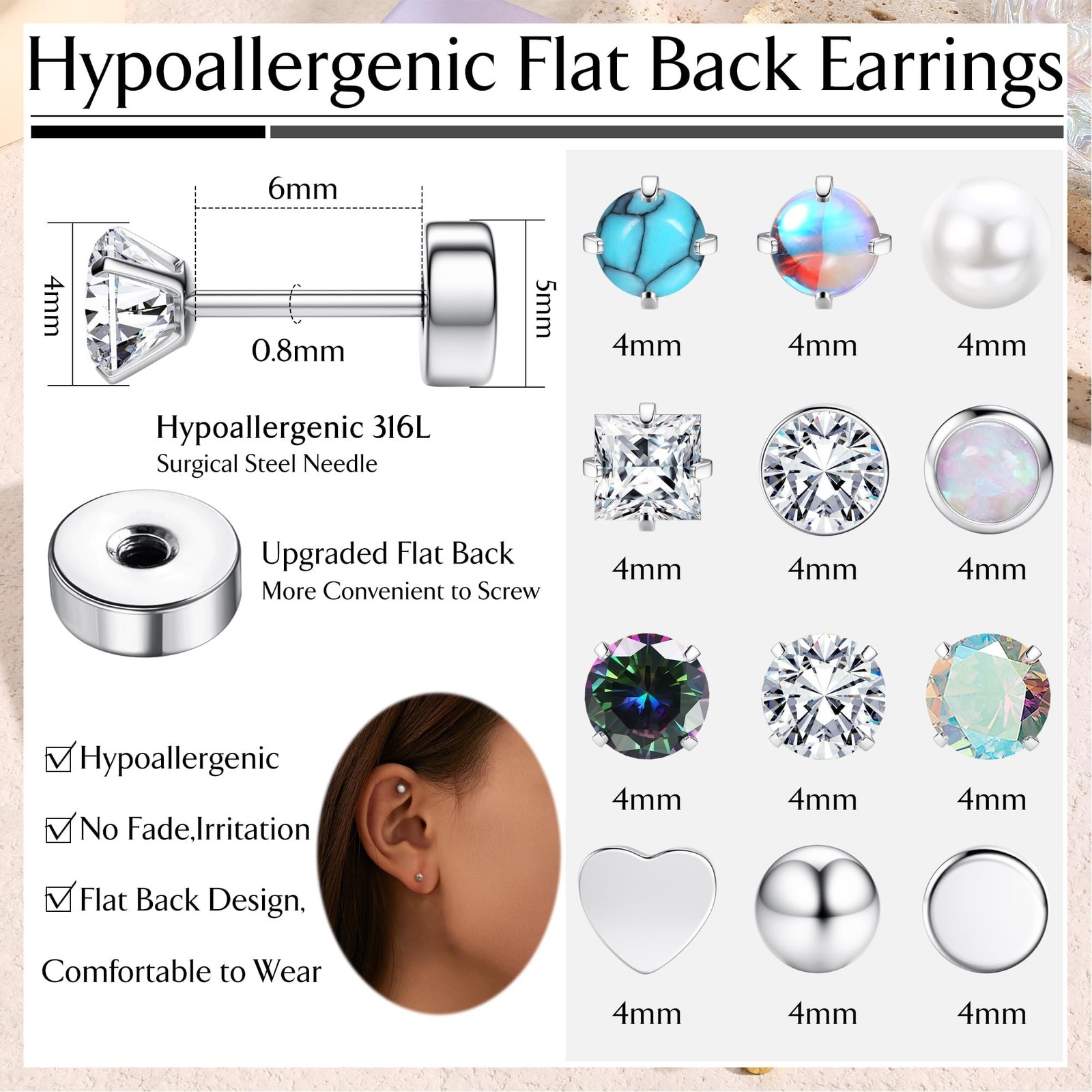 Hypoallergenic Surgical Steel Earrings for Sensitive Ears Flat Back Stud Ear…