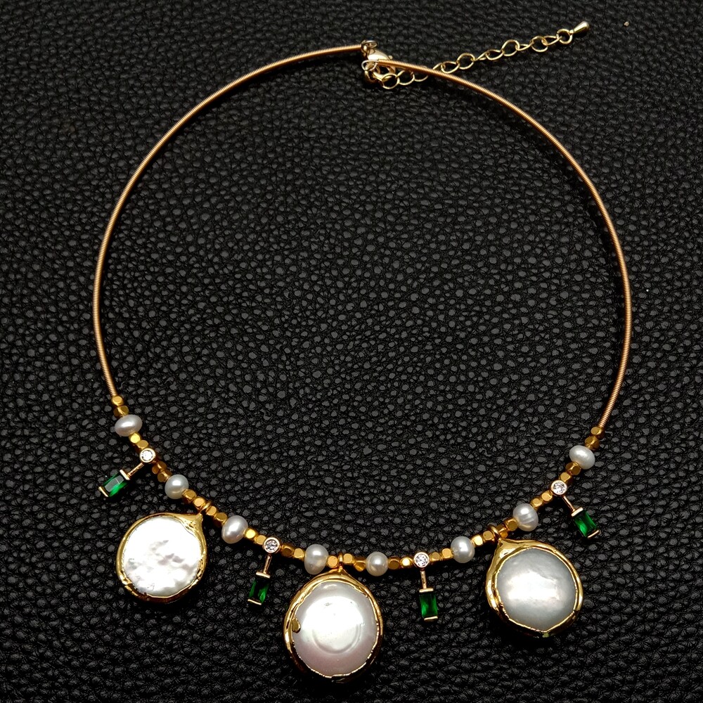 15″ Cultured White Coin Pearl Potato Pearl Cz Pave Choker Charm Necklace