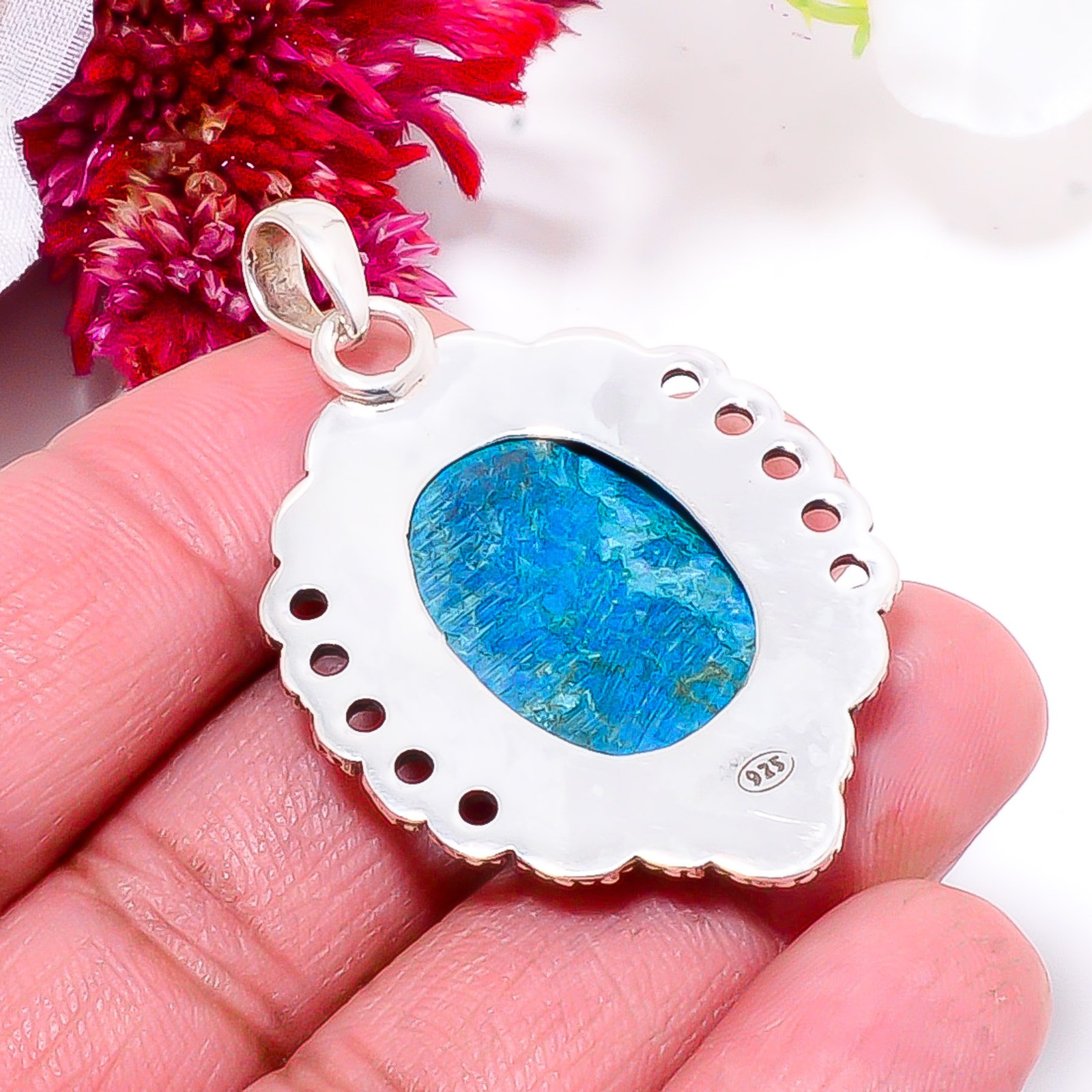 Magnesite Turquoise Gemstone 925 Sterling Silver Bali Pendant 1.95″ Sku14