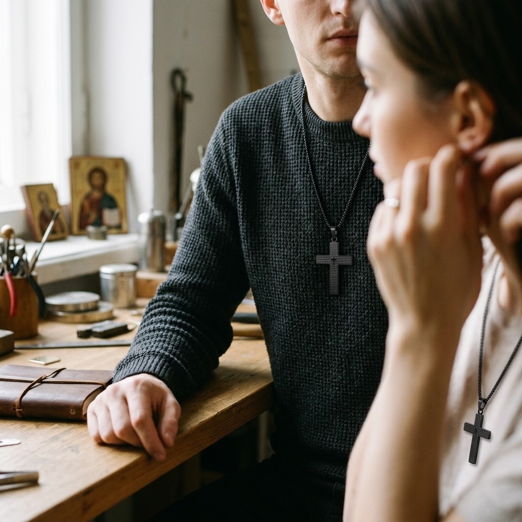 Men’s Stainless Steel Lord’s Prayer Cross Pendant Religious Necklace