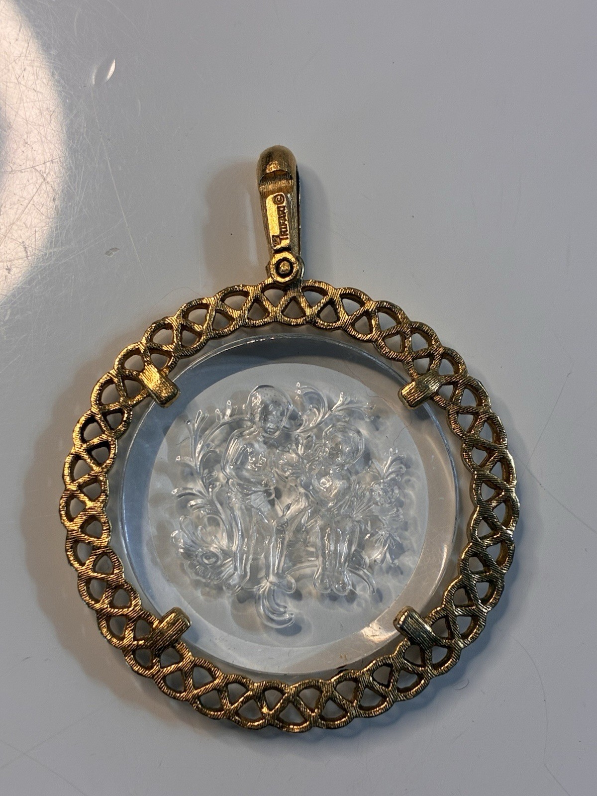 Trifari Gold Tone Round Clear Glass Intaglio Cameo Pendant, Signed