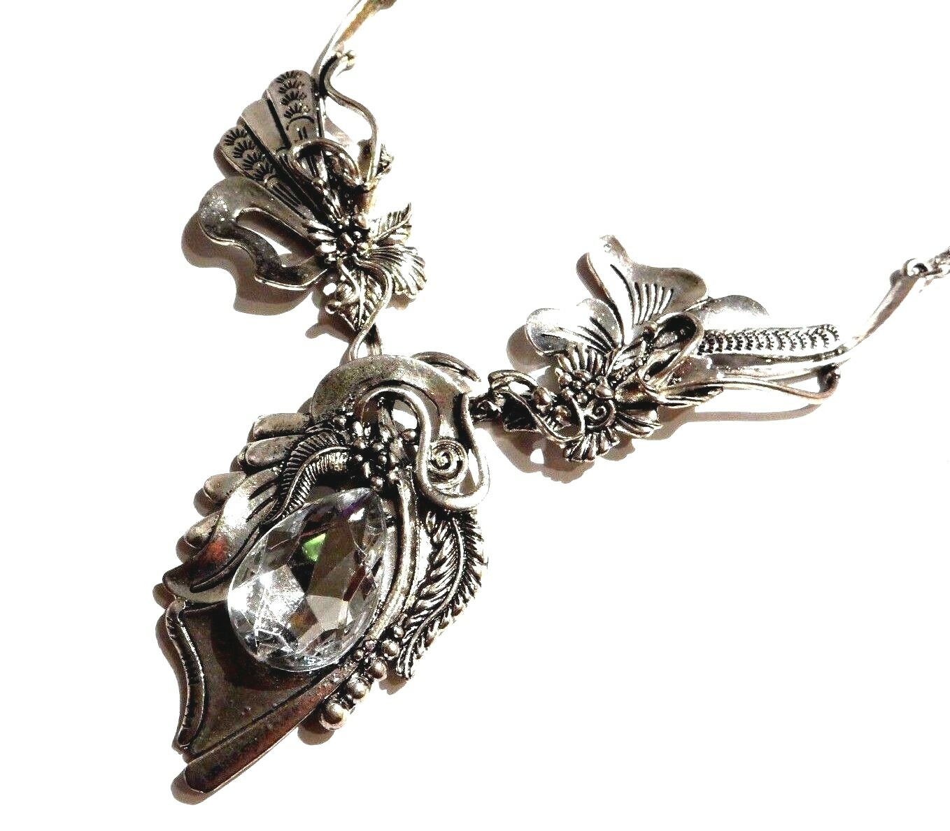 SILVER CHUNKY FLORAL BIB NECKLACE art nouveau lily clear stone earrings set Z8