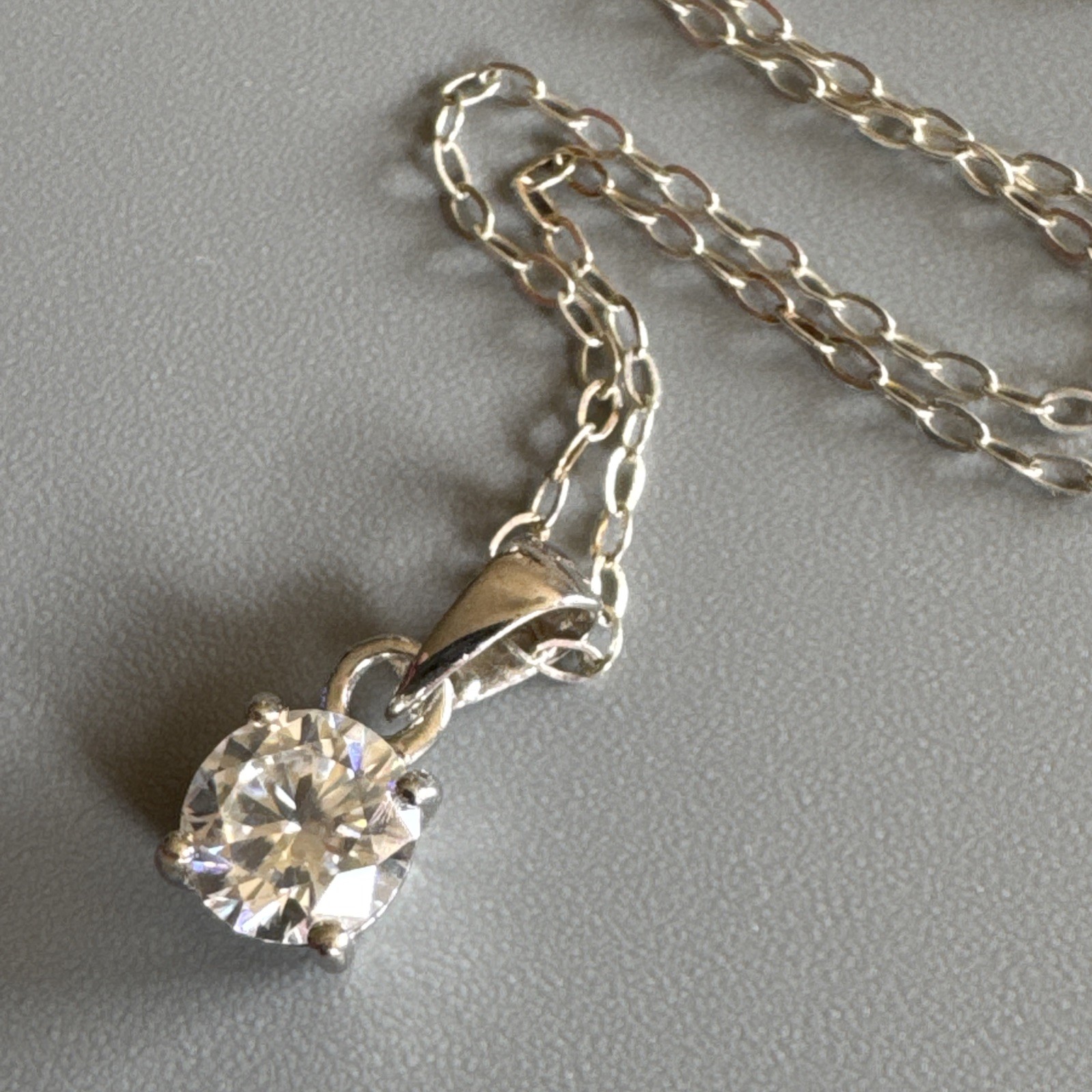Sterling Silver 925 Round Solitaire Cz Pendant & 16” Oval Link Chain Necklace