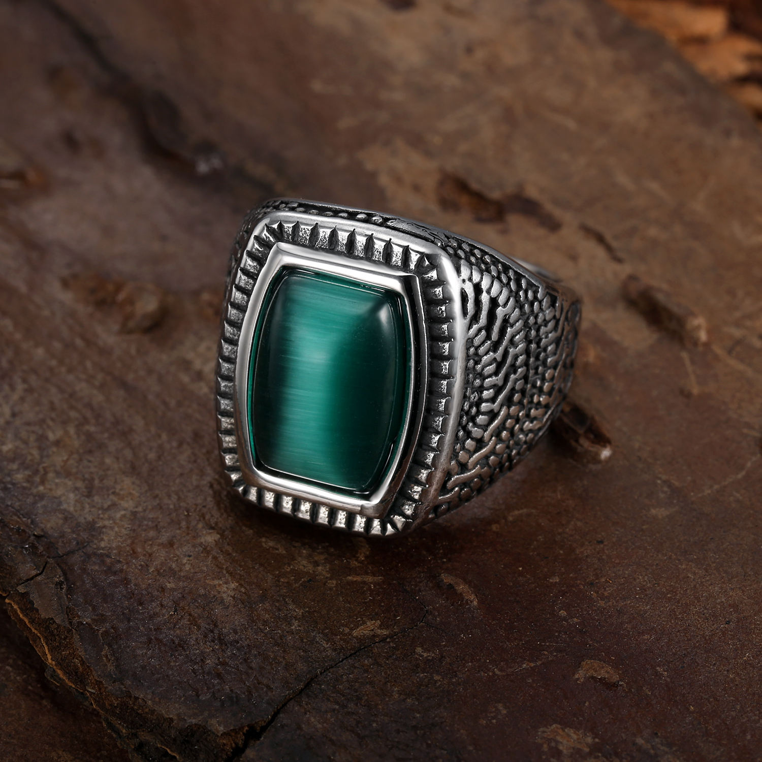 Mens Stainless Steel Green Stone Bold Ring minimalistic simple antique Ring 7-15