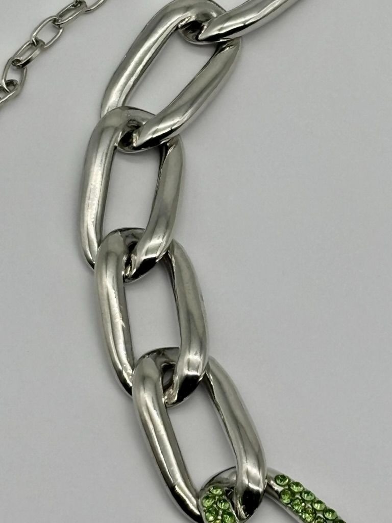 Curb Link and Green Pave Crystal Silver-Tone Collar Necklace Adjustable Unsigned