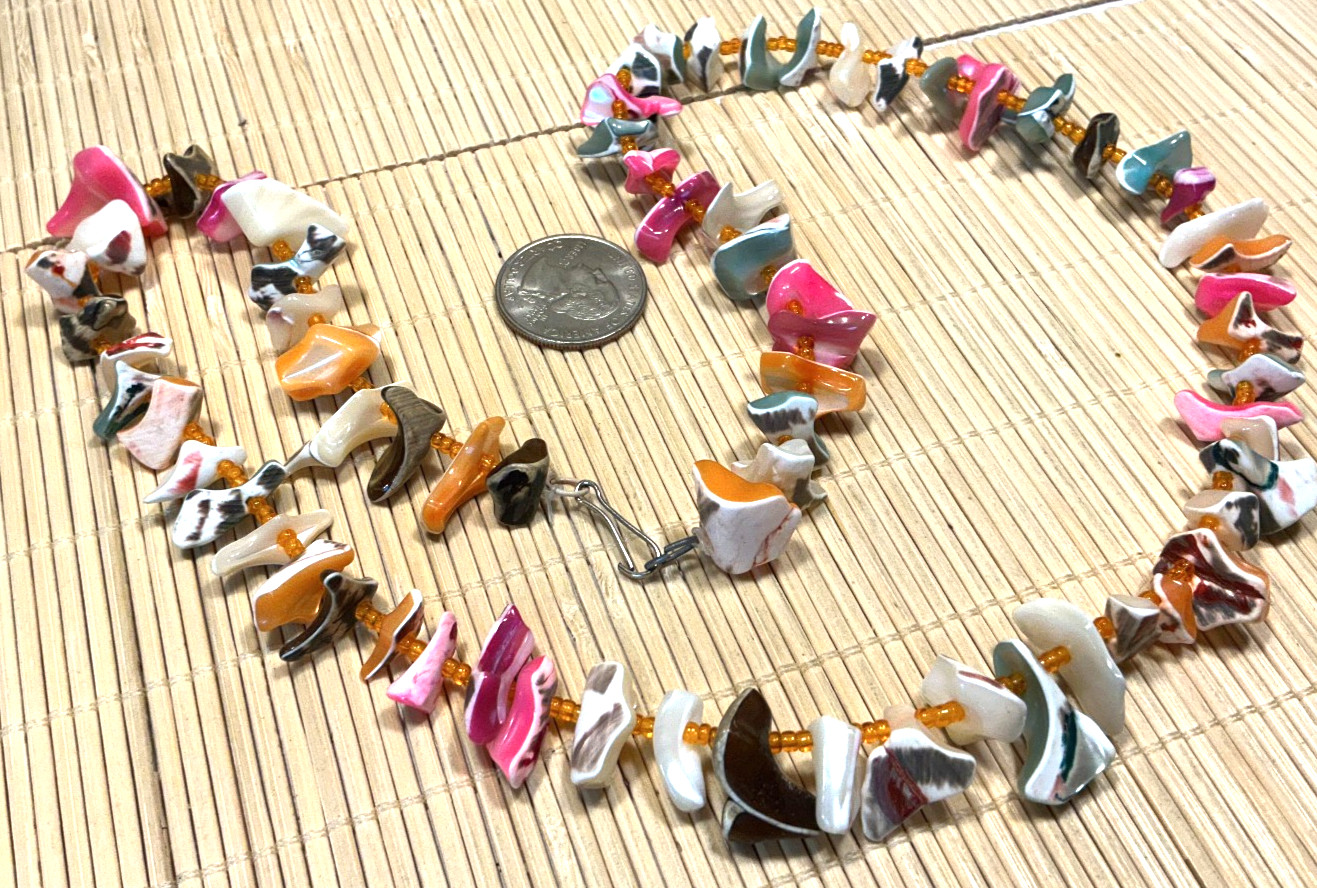 Fashion Necklace Mother of Pearl Painted Slices Silver Tone Beaded Lot 103D