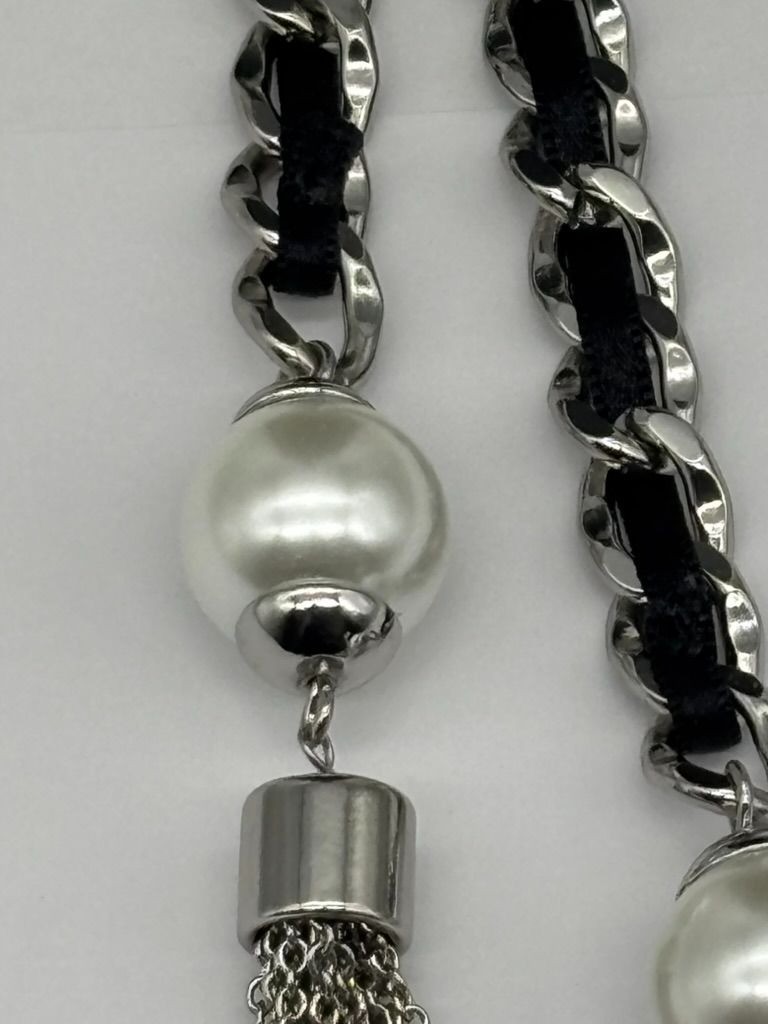 White House Black Market Silver-Tone Links W/Black Ribbon Double Tassel Necklace