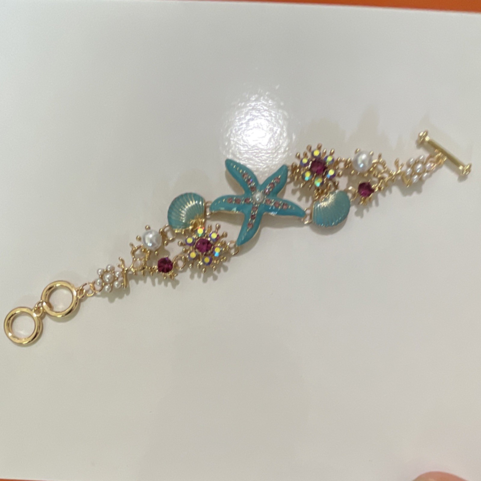 Gold Blue Pink Starfish Seashell Charm Bracelet, Toggle Closure, Adjustable