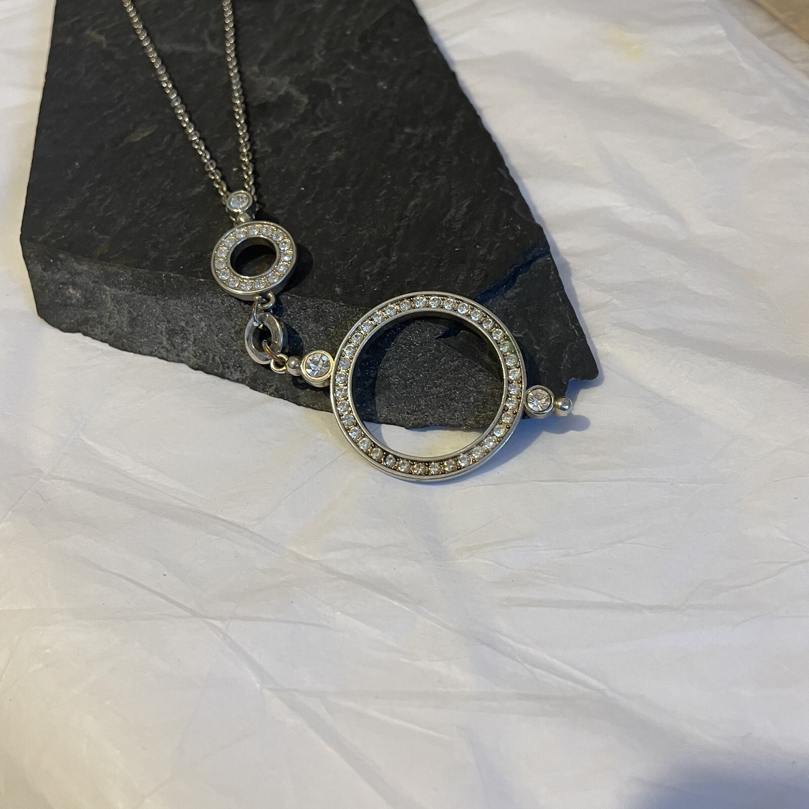 Vintage Necklace And Pendant Channel Set With Crystals On Long Silvertone Chain